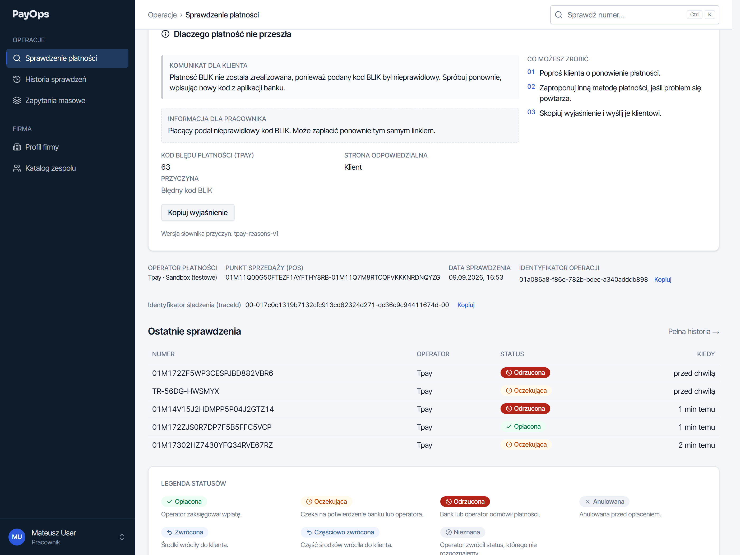 Panel przyczyny odmowy z komunikatem dla klienta, informacją dla pracownika i przyciskiem kopiowania wyjaśnienia